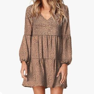 Eytino Leopard Print V-Neck Puff Long Sleeved Tiered Swing Dress